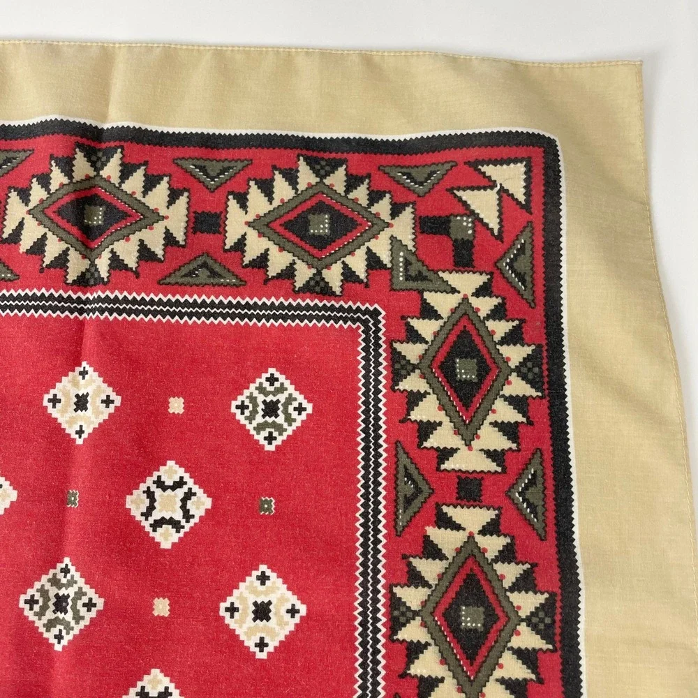 Vintage Southwestern Bandana Square Scarf Unisex Men Women Cream Red Retro Red